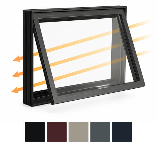 Black awning and casement window diagrams with airflow arrows and exterior colour samples.