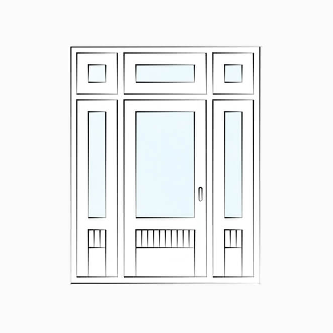 Technical drawing of a custom entry door with sidelights and transom windows.