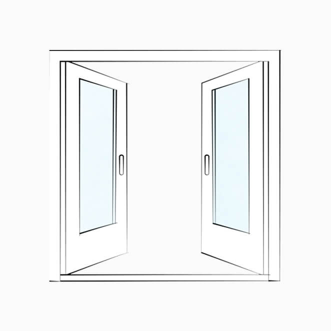 Technical illustration of double French doors.