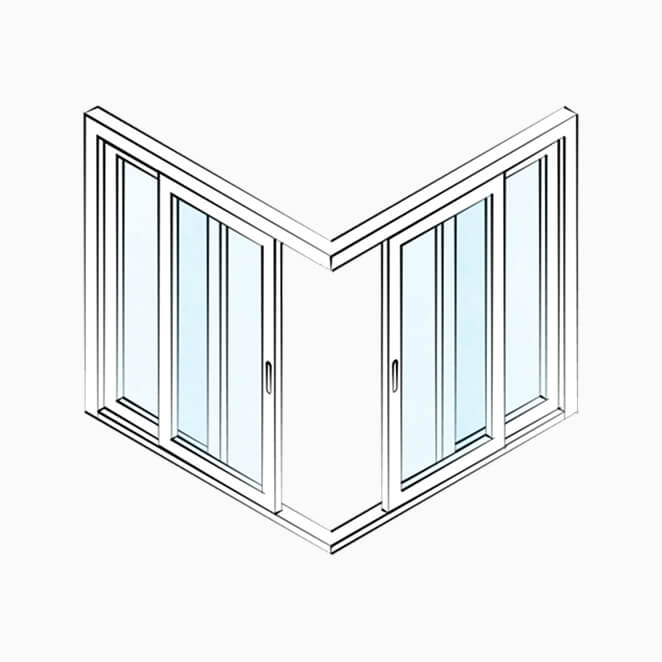 Technical illustration of a corner lift-and-slide door system.