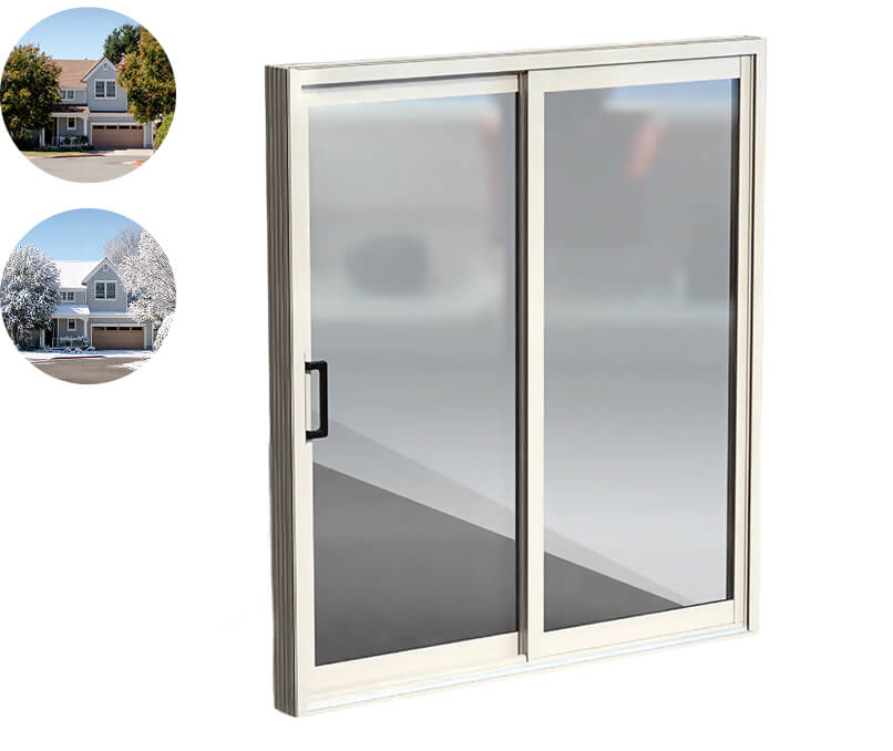 Sliding patio door system illustrated for year-round durability in summer and winter.