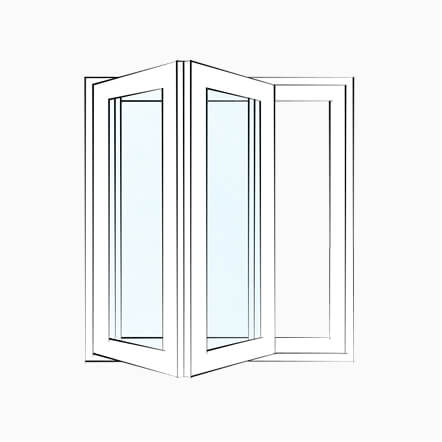 Line drawing of a folding replacement window system opening from the centre.