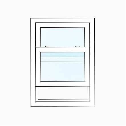 Line drawing of a single-hung replacement window with a fixed upper sash and movable lower sash.