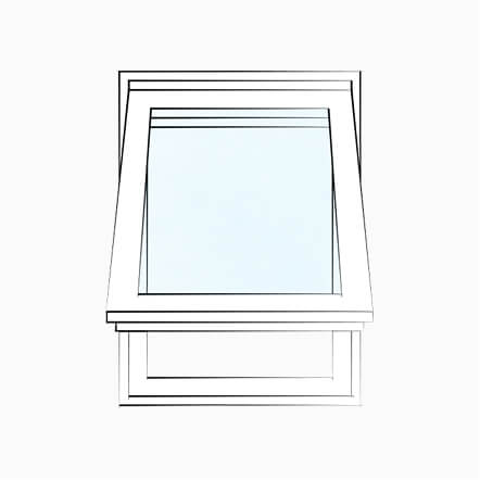 Line drawing of an awning replacement window with a top-hinged sash that opens outward.