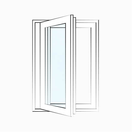 Line drawing of a casement replacement window with a side-hinged sash that opens outward.