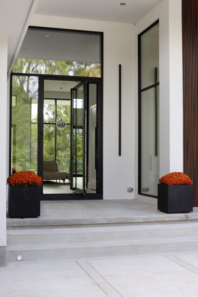 Modern black aluminum entrance with glass doors and tall sidelights