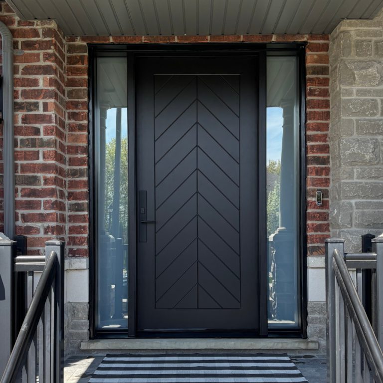 Contemporary black MASTERGRAIN fiberglass entry door with chevron panelling and sidelights