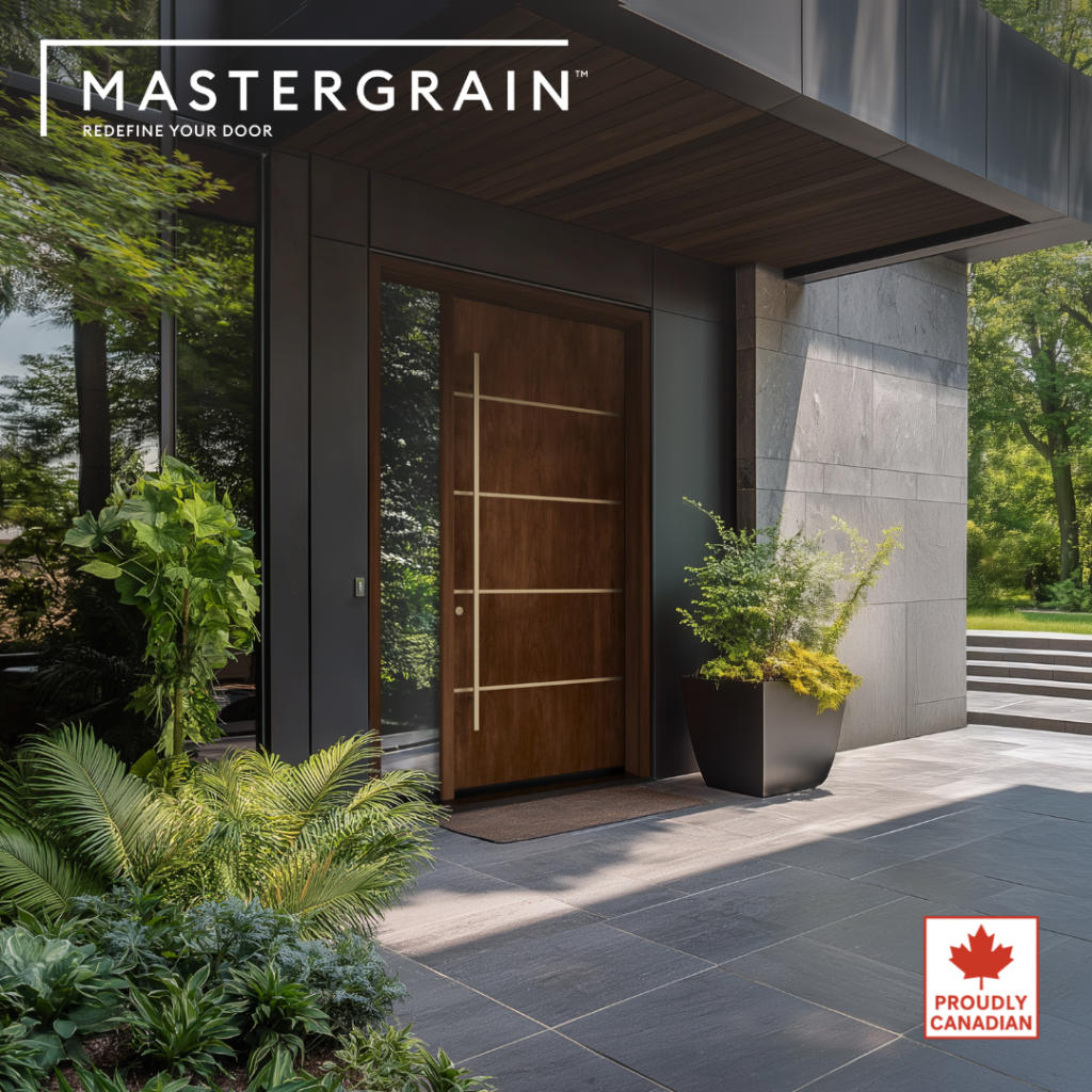 Contemporary cherry MASTERGRAIN fiberglass entry door with stainless steel inlays, framed by dark panels and greenery
