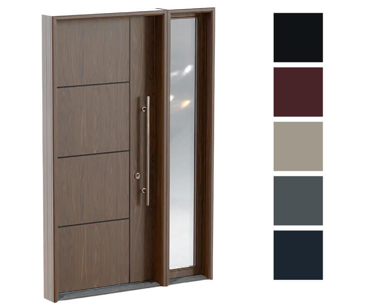 Modern wood-look entry door with a full-height sidelight and exterior colour samples.