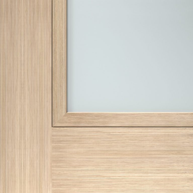 Close-up of a light woodgrain MASTERGRAIN fibreglass door with frosted glass inset