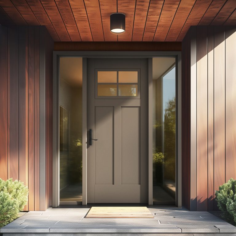 Modern MASTERGRAIN fibreglass entry door with sidelights and a warm woodgrain porch ceiling