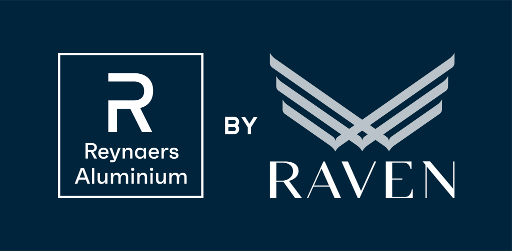 White Reynaers Aluminium and Raven logos on a dark blue background